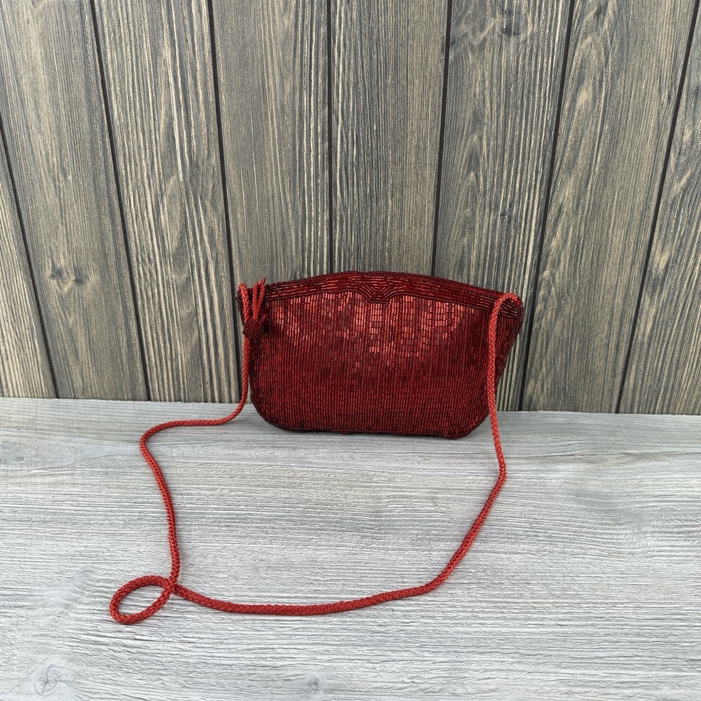 Vintage ADG Fashion Imports Red Beaded Evening Shoulder Bag Purse Zip Closure